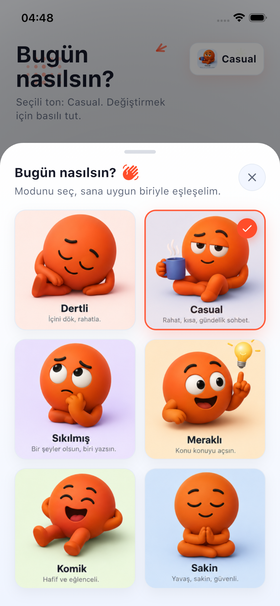 Sikildim mood kartları ekranı